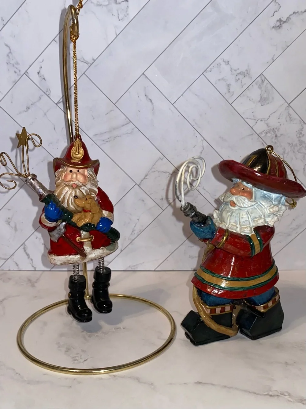 3/$15 Two Whimsical Folk Art Style Firefighter Christmas Ornaments
